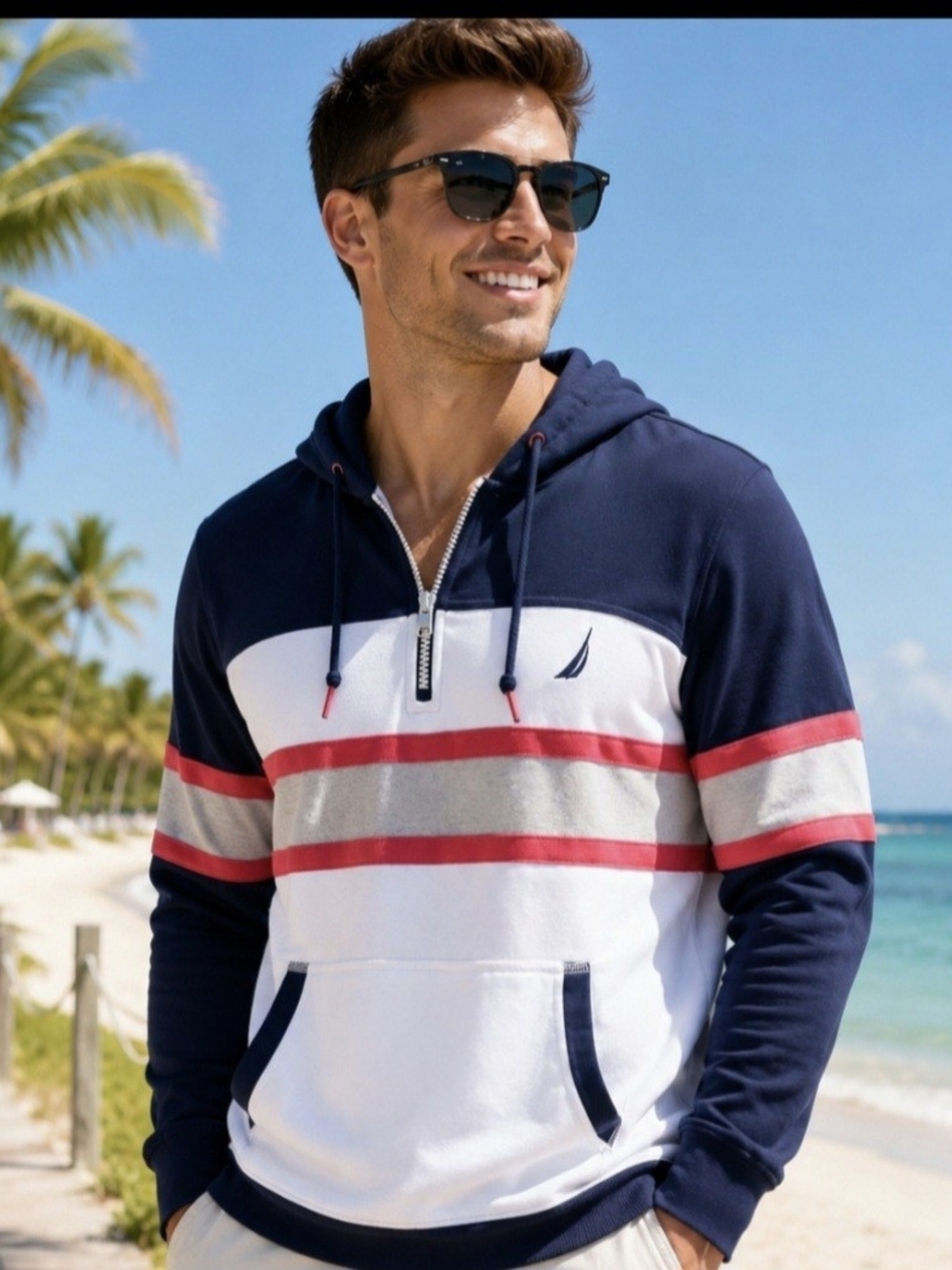 Nautica Navy Hoodie with Red Gray Detail Small